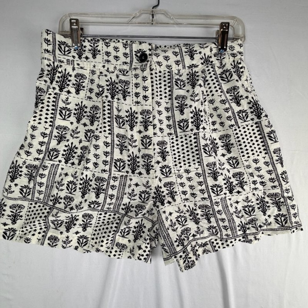 Alice Blue Floral Block Print Patchwork Shorts Black White High Waist Large